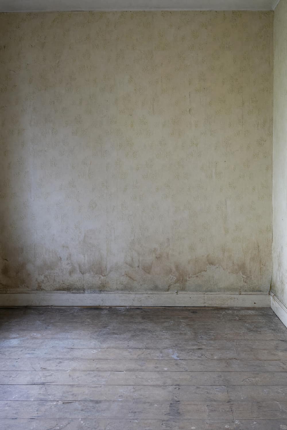 Damp wall taken back and rebuilt. A room wall with old wallpaper and a dark damp tide mark above the skirting.
